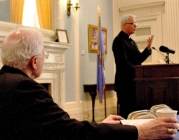 With Tulsa Bishop Edward Slattery looking on, Archbishop Paul Coakley of Oklahoma City speaks at the state's Catholic Advocacy Day, March 25. – CNA/Archdiocese of Oklahoma City